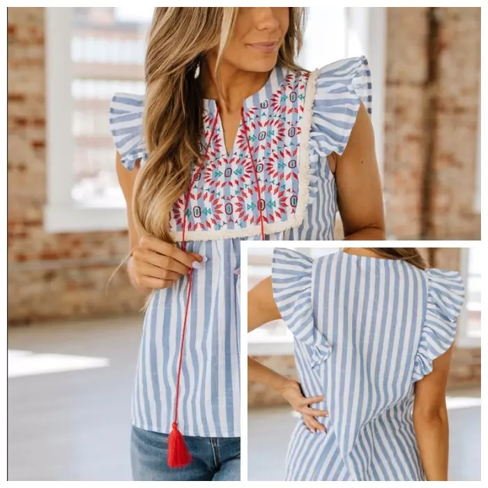 Striped Top with Delicate Embroidery